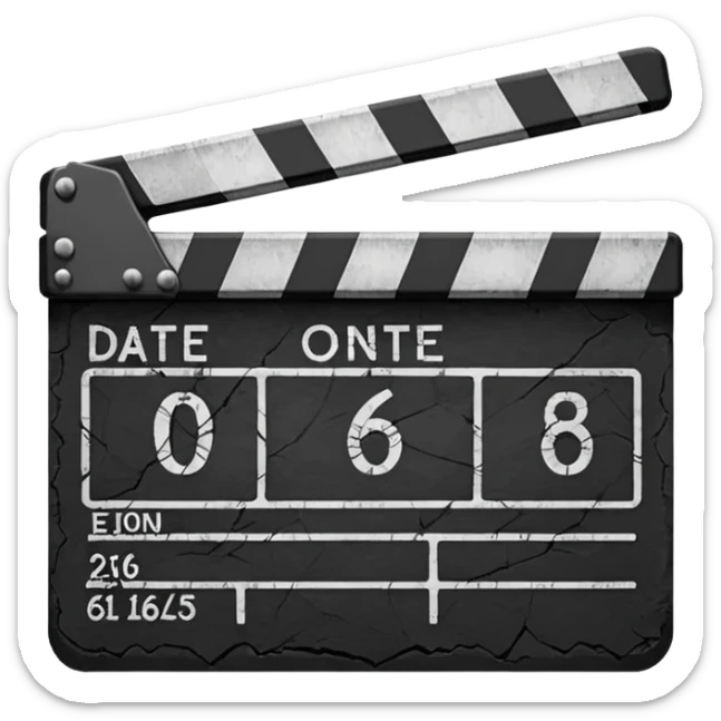 Minimalist emoji-style sticker of a cracked movie clapperboard with the date “06/06/66”, faint scorched marks, all in grayscale


 sticker