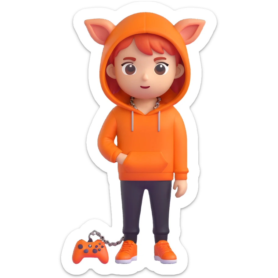 person with bacon hair, very small head, orange hoodie, black trousers, orange shoes, gamer chain around head, 3D emoji style sticker