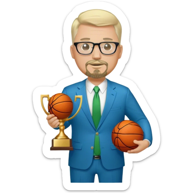 Full Body white fat male  wearing glasses with a goatee with light blonde gray very short hair basketball head Coach in blue and green suit holding trophy sticker