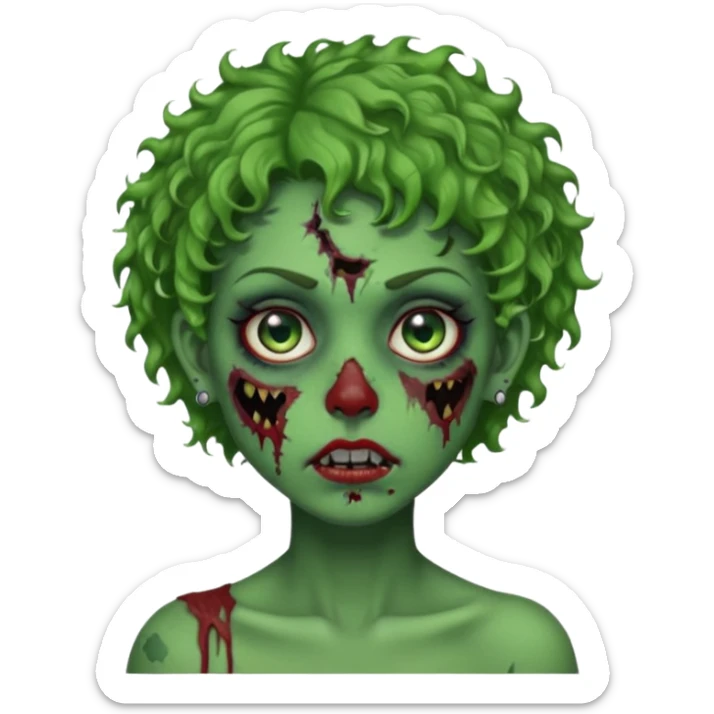 faça uma cabeça verde de zumbi femenina, com im cabelo curtinho cacheado, piercing no nariz, e brincos na orelha sticker
