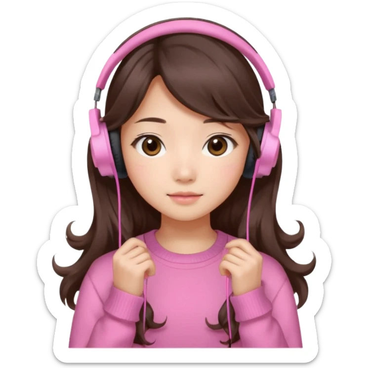 a asian japanese girl with wavy long silky brown hair and no bangs. she has a cute pink gaming headphones. she is wearing a cute pink sweater  sticker
