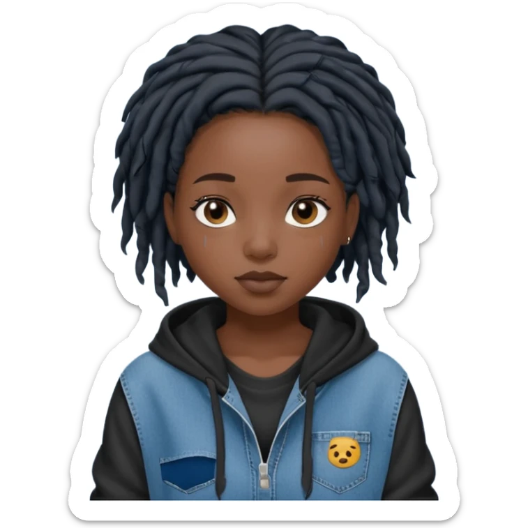 make a black girl with short pitch black locs wearing a denim hoodie with black sleeves sticker