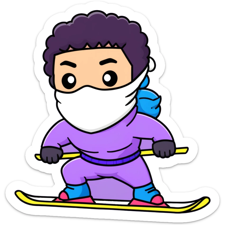 shirtless athletic man with white skin and black curly hair, wearing a purple ski mask sticker