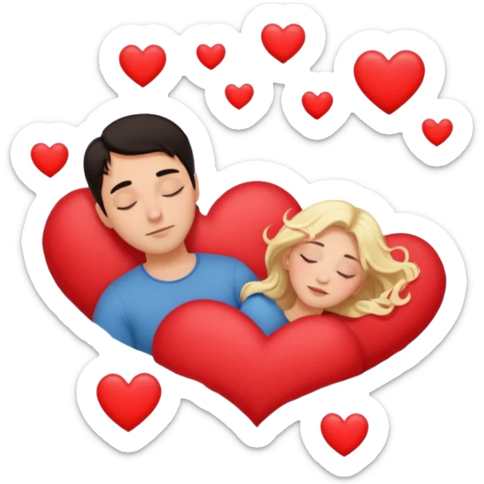 Sleeping romance couple. man has dark hair. woman is blonde. hearts surrounding them. no third person. sticker
