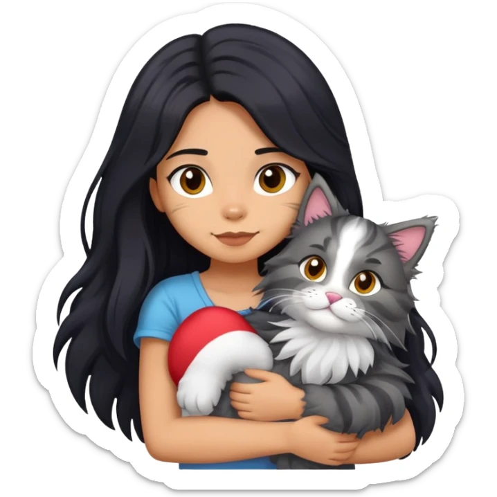 Girl with long black hair hugging a gray fluffy plush toy and a tricolor Maine Coon cat sticker