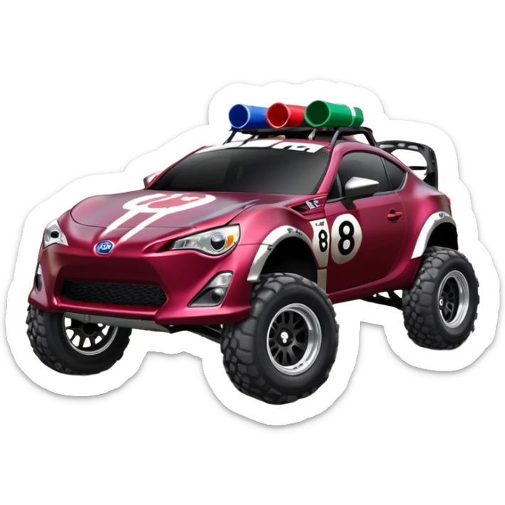 Extended wheelbase 2013 scion fr-s dark black cherry off road 4wd monster Baja dessert stadium racer number 86 with long travel suspension, shiny silver wheels, exaggerated black fender flares, made out of discarded Pepsi cans  sticker