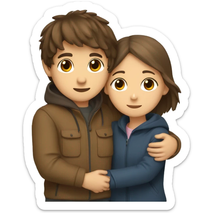 a young boy with brown hair and brown eyes in love hugging a thin girl with brown short straight hair and fringe with big brown eyes and a windbreaker on.  sticker