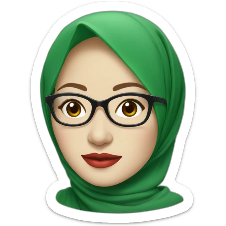 Classy Indonesian woman with pale skin and red lips wear green hijab and round glasses smiling sticker