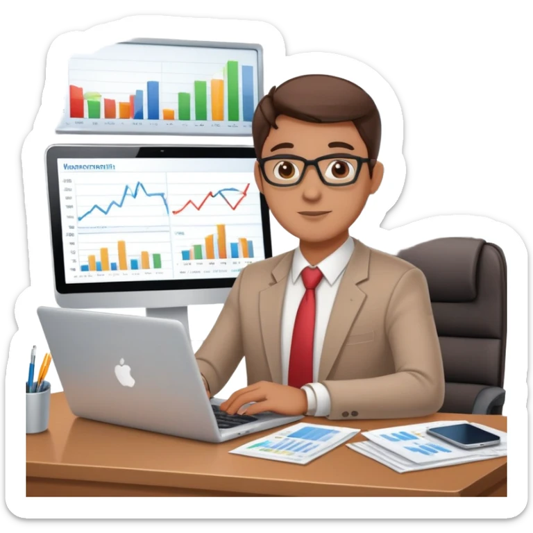 accountant at a desk with laptop and financial charts sticker