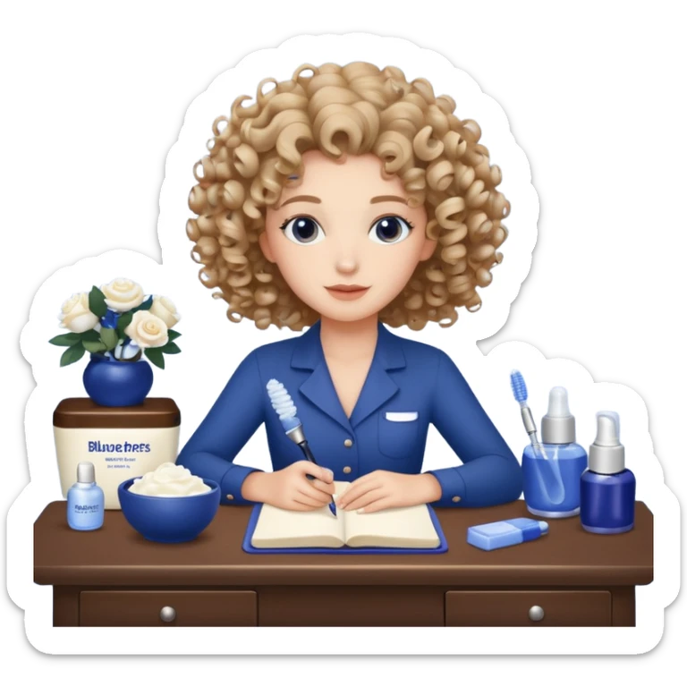 Girl with curly hair with a desk in front of her with blueberries, skin care, white roses, and the girl is doing her hair so there should be a curl mousse curl gel and a diffuser on the desk sticker