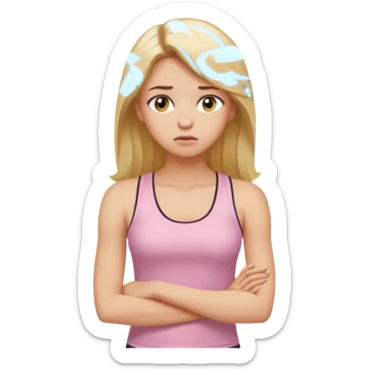 Create a young woman with long blonde hair, golden eyes, and medium-light skin tone, wearing a light pink tank top and leggings. She should be in portrait mode, but with a subtle doubting facial expression—slightly raised eyebrow, small frown, .  and her hand next to her chin like a thinker sticker