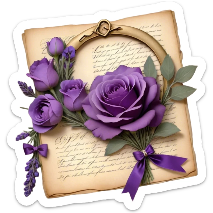 A delicate bouquet of lavender sprigs, dusty mauve roses, and deep violet peonies rests atop an antique love letter, its parchment kissed by time, tied with a silken amethyst ribbon forming an elegant bow. Nearby, a tiny heart-shaped locket gleams softly beneath the glow of a crescent moon, while scattered pressed pansies in shades of lilac and plum whisper forgotten sentiments of devotion. A few golden stars shimmer faintly, caught in the folds of the vintage fabric beneath the bouquet, adding a touch of celestial romance. sticker