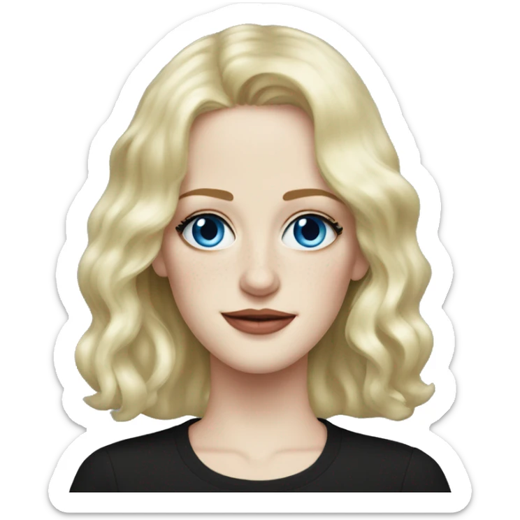 Eva Green with blonde hair, blue eyes, freckles, black shirt sticker