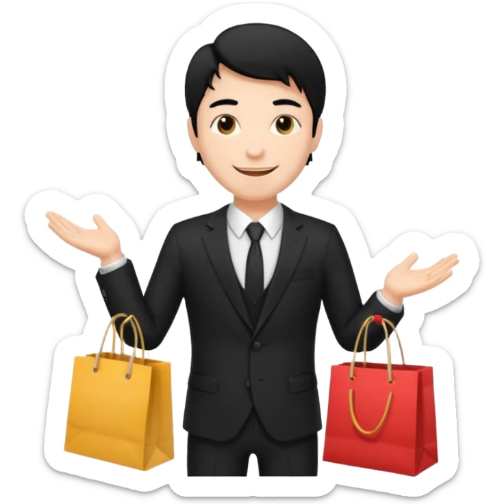 elegant man black hair in a black suit with clothing shopping bag sticker