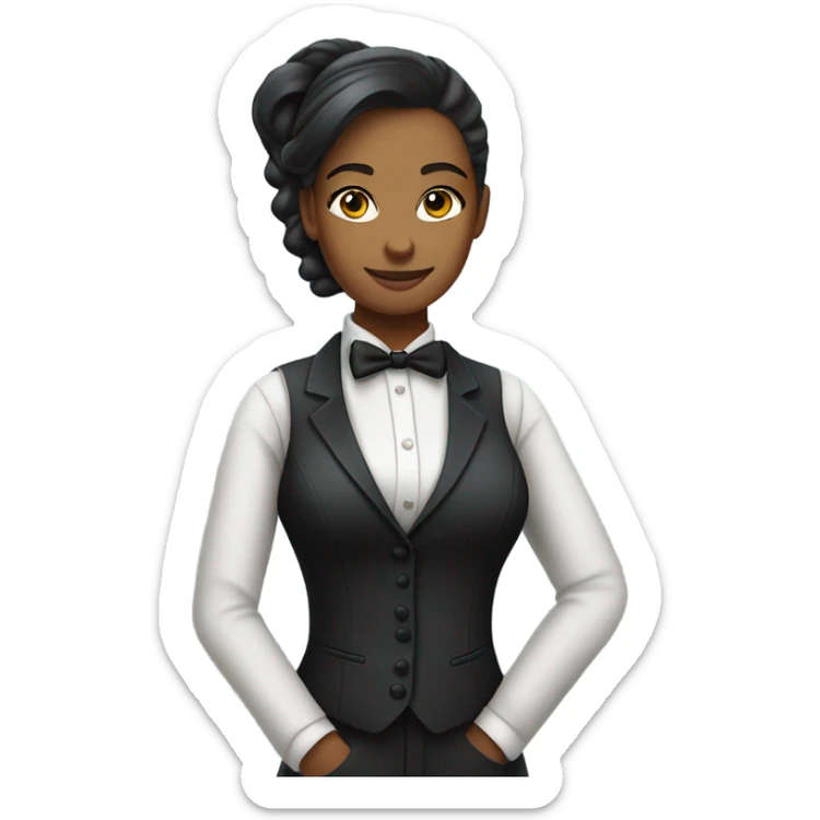 a female butler with a professional and elegant demeanor. She has her hair neatly tied in a ponytail and wears a classic butler uniform, including a tailored vest, crisp white shirt, and bow tie. sticker