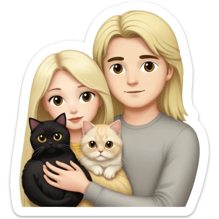 pretty girl with long dark hair holding a blonde persian cat beside her boyfriend holding a small black cat sticker
