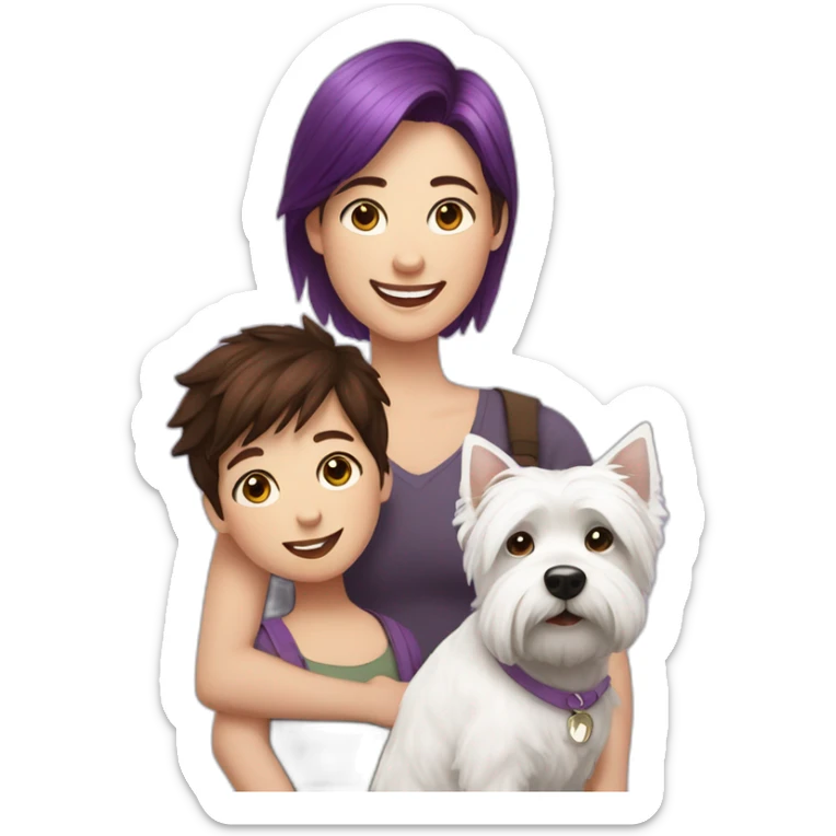 Family picture woman with purple hair, aduld son with dark brown hair and cute West Highland White Terrier sticker