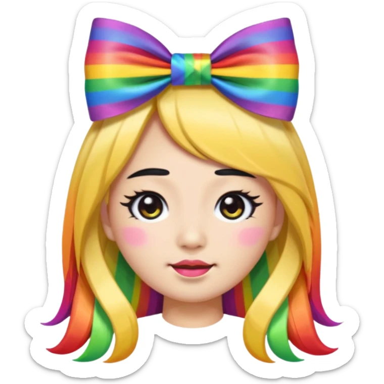 asian emoji face with long hair with very thick black eyeliner and rainbow bow on head and tacky sticker