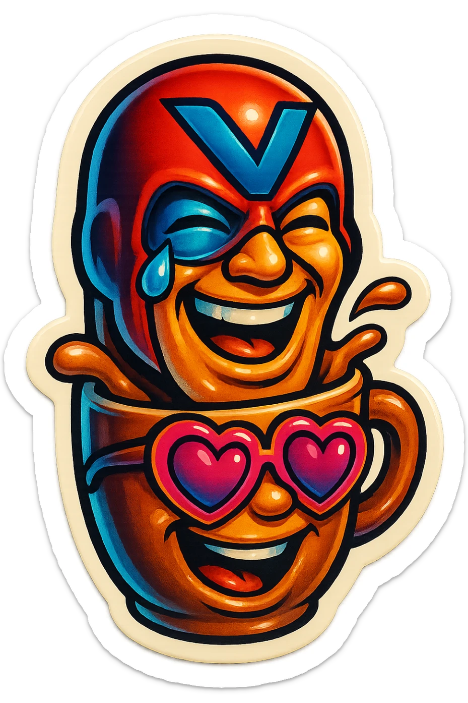 superhero head, coffee creature, heart glasses, laughing with tears in eyes sticker