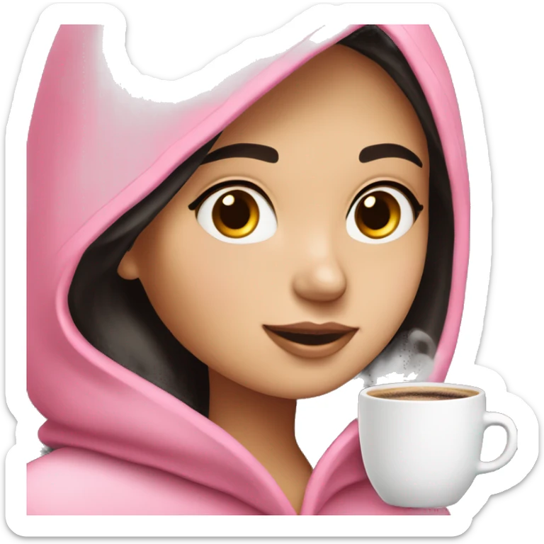 Brunette girl emoji that wears pink robe with white lines,light pink colored headphone,fair skin and almost black hair looking at her pink macbook with a cup of coffee sticker