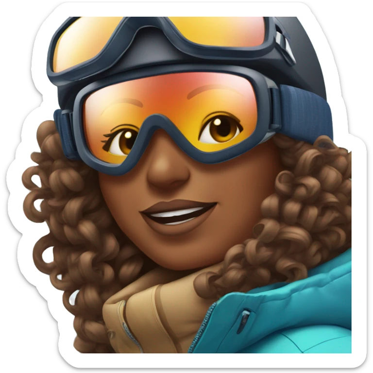 Brown skin plus size women with curly straight hair snowboarding with snow googles with snow background  sticker