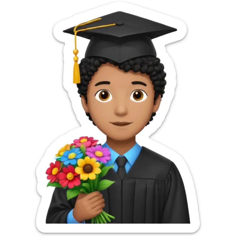 Graduated Students, Male,  brown skin, black curly hair, wearing graduation cap, holding bouquet of flowers
 sticker