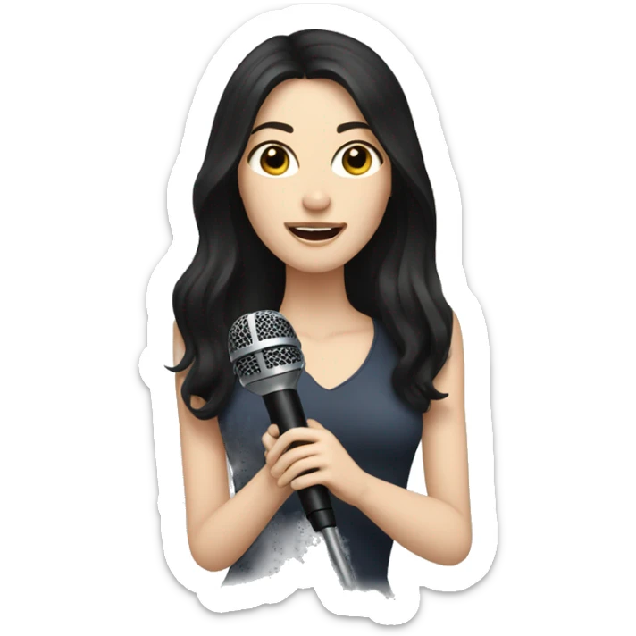 a woman with long black-brown hair, hazel eyes, pale skin, singing into a microphone sticker