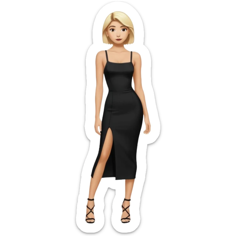 Hailey bieber cheveux court blond voir tout le corps et avec une robe longue serré noir avec des bretelles  sticker