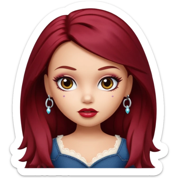 Bratz doll with dark red hair and a beauty mark above lip sticker