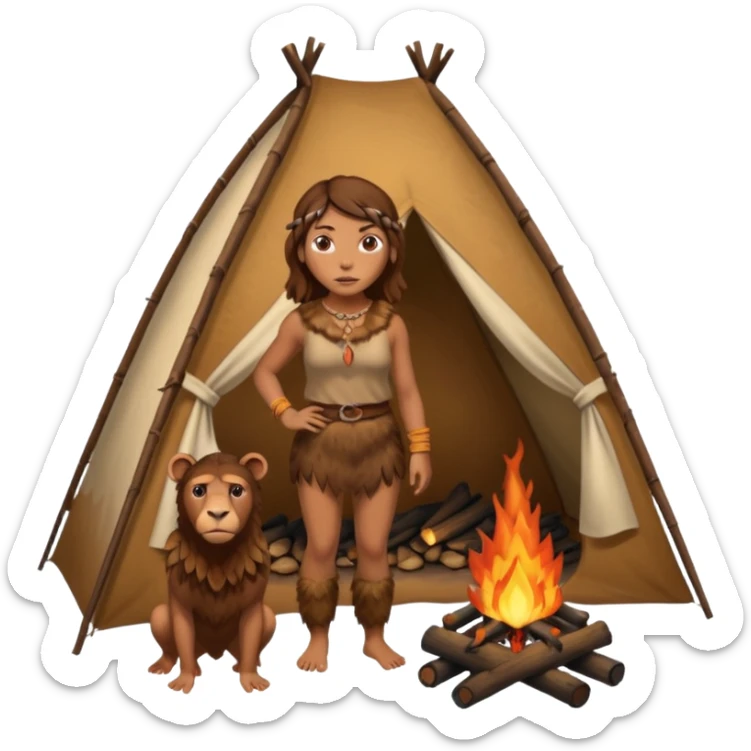 a NEANDERTHAL WOMAN WITH BROWN HAIR STANDING BY A FIRE AND TENT sticker