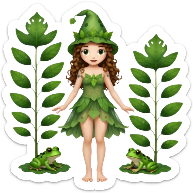 full body woman long curly brown hair brown eyes white skin tattoos wearing cute frog hat and sheer leaf dress, barefoot, flirty forest fairy pose sticker