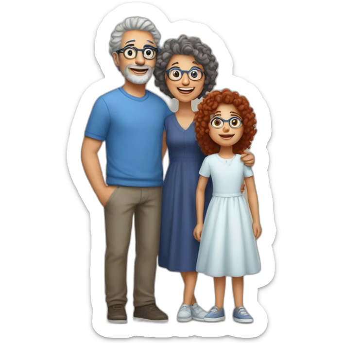 family of four father with gray hair mother with red curly hair and blue glasses son with brown hair and little daughter with curly brown hair sticker