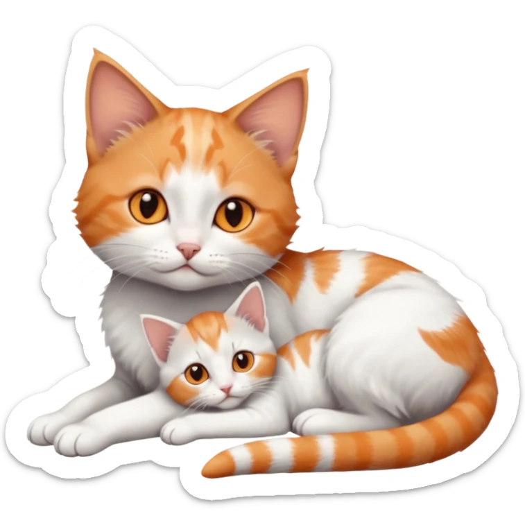 full body of very small + skinny ginger and white kitten with deep orange eyes and triangular shaped face lying down cuddling a grey and white kitten who is a bit bigger than him sticker