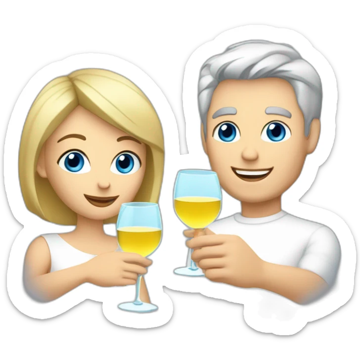 caucasian woman with brown eyes and blond short hair and a caucasian man with blue eyes and grey hair, toasting with a glass of white wine sticker