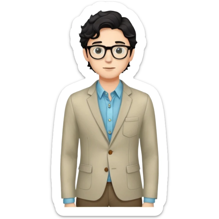 Young caucasian man with black wavy hair, round glasses, wearing semi-formal attire for theater - button-up shirt, blazer, nice pants sticker