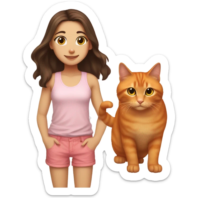 a white girl white hazel eyes and long dark brown hair petting her orange cat, the cat that is orange has yellow eyes. she is wearing a pink tank top with light wash shorts. make them both smiling.  sticker