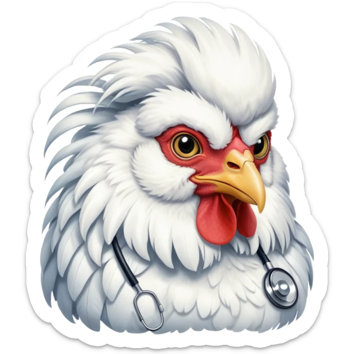 A very fluffy White Silkie Bantam rooster wearing a doctor's stethoscope. The head feathers look like a large wig. sticker