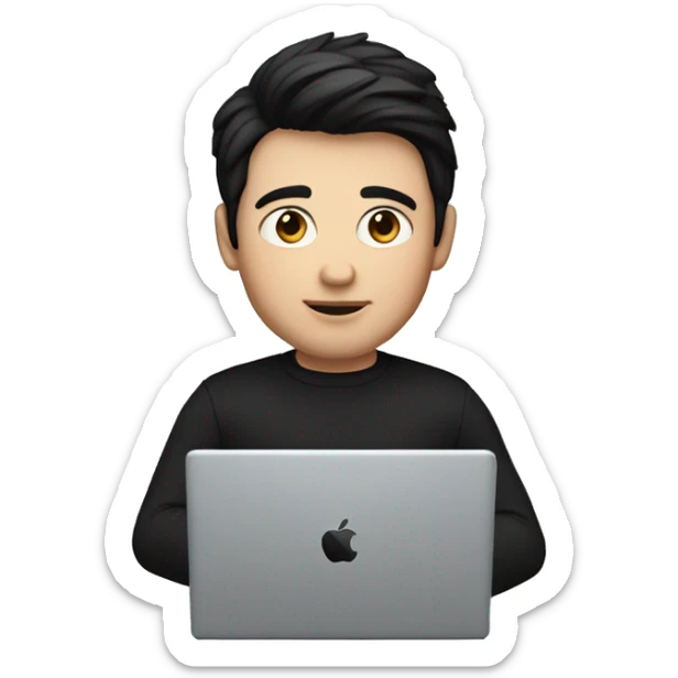     memoji of a man with a laptop in front, apple-style,modern,dark hair,black sweater,computer in hand,white skin, an avatar image gonna be round  sticker