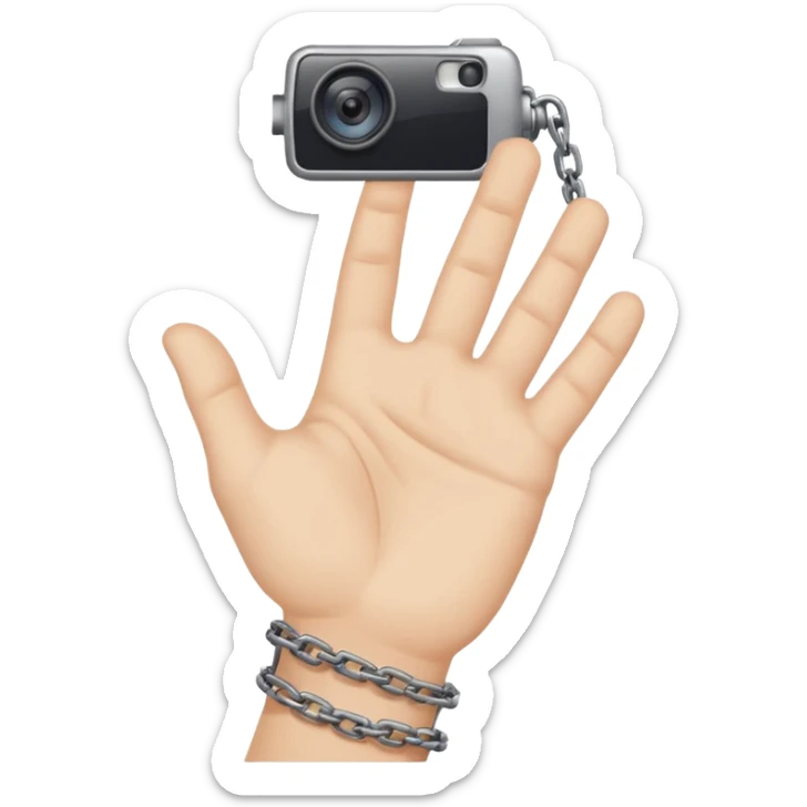 Minimalist emoji-style sticker of a human hand bound by a chain leading to a video camera. Icon-like, clean silhouette, muted tones. sticker