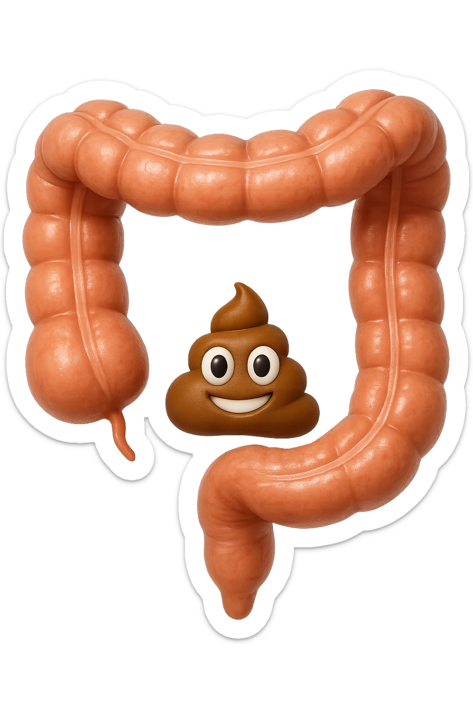 EMOJI STILE IPHONE DI UN TRATTO DI COLON INTESTINALE CHE FLUTTUA IN ARIA CON ALL'INTERNO DELLE FECI, IPERREALISTICO 4K sticker