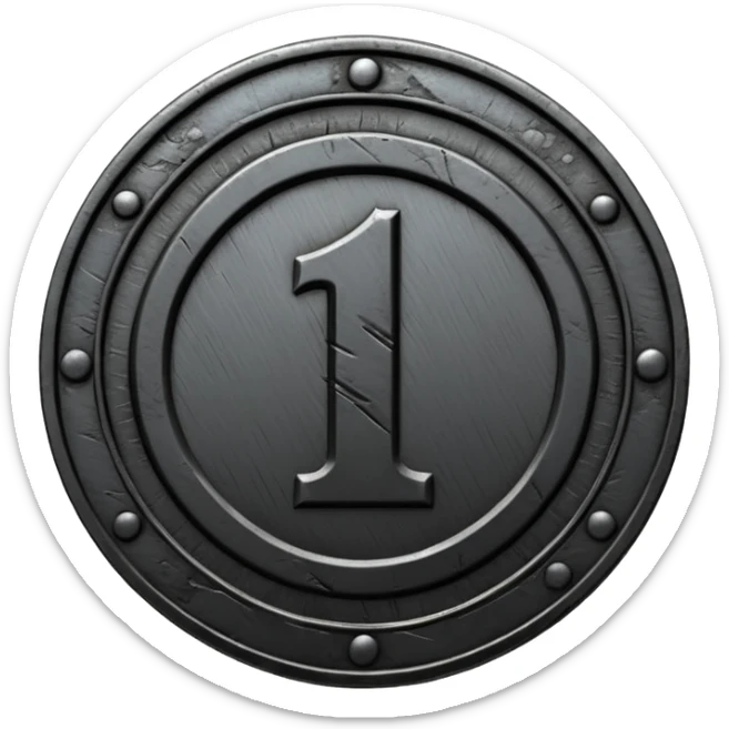 Minimal emoji, gothic metal coin made of black steel, engraved number 1 at the center, ancient industrial aesthetic, worn metal texture, no glow, no neon, flat emoji design, centered, transparent background sticker