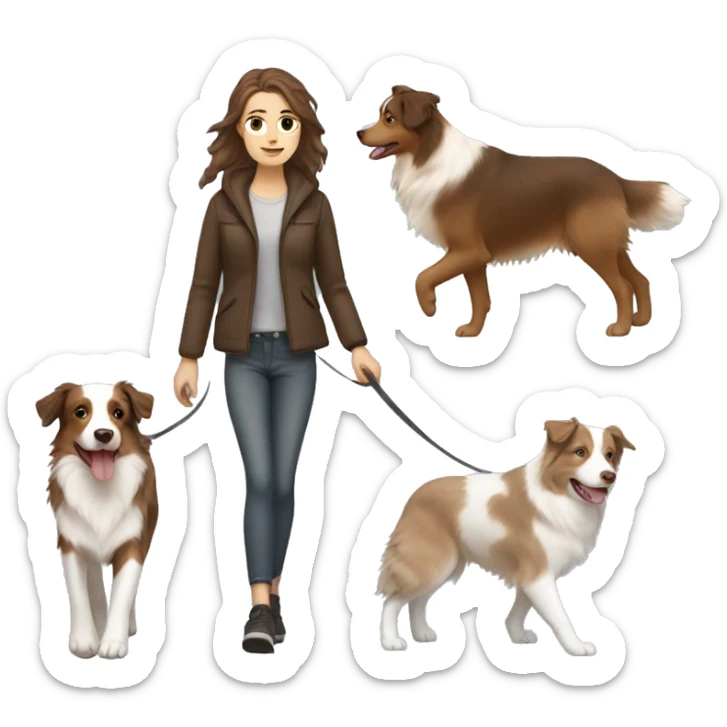 white girl with brown hair walking brown beige and white australian shepherd dog sticker