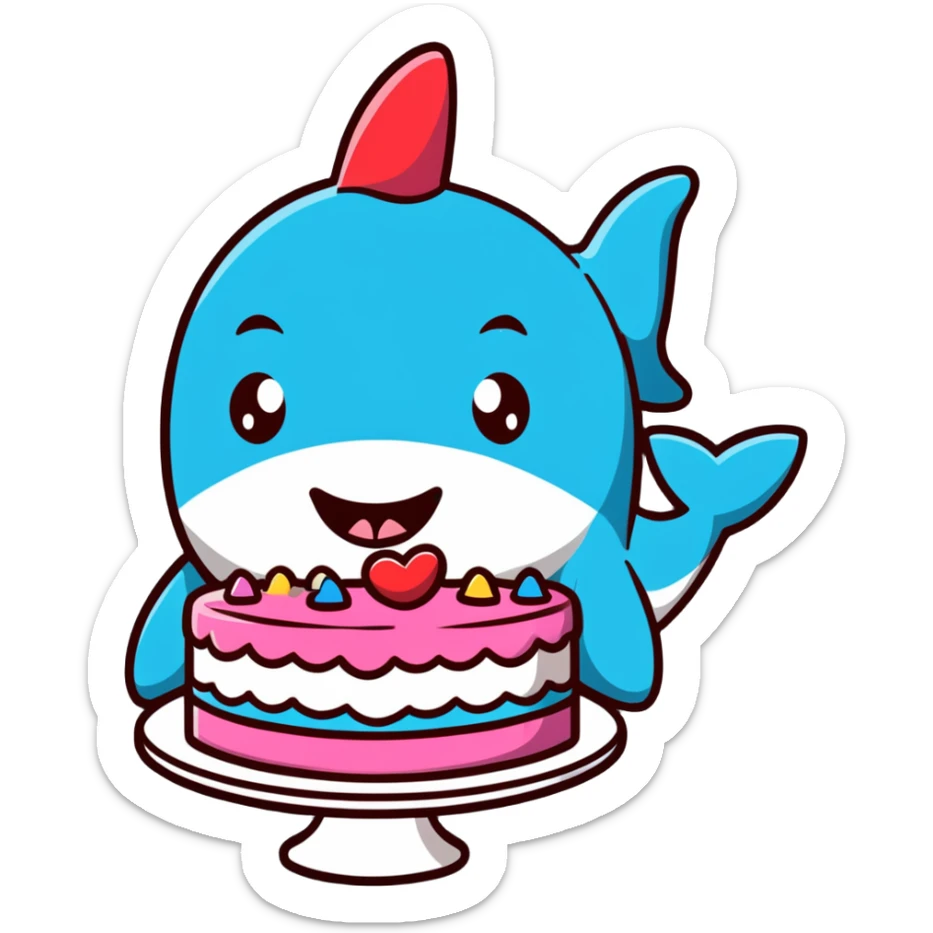 cartoon shark with lips puckered, directly kissing a frosted birthday cake sticker