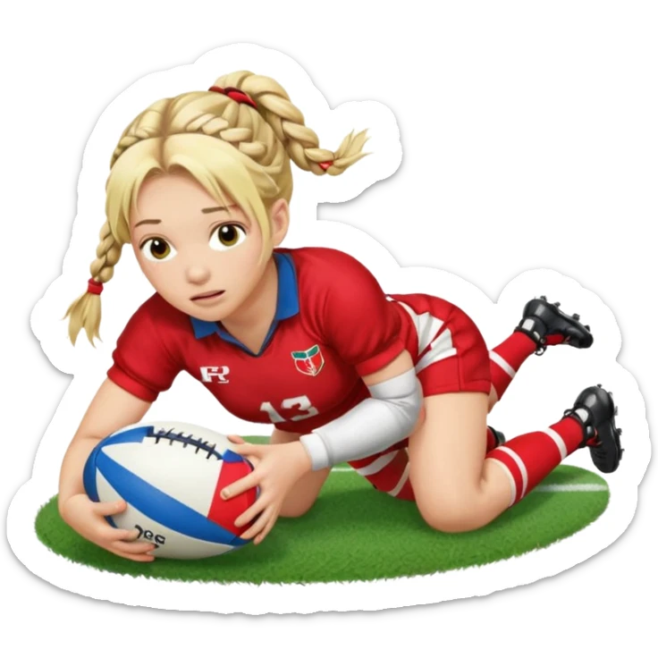 Chica de pelo rubio tirada en el suelo boca abajo agarrando un balón DE RUGBY con las manos vestida con una equipación de color rojo y blanco con líneas y con unas botas de tacos de fútbol, con un bucal en la boca y el pelo con trenzas, se la tienen que ver las 2 piernas  sticker