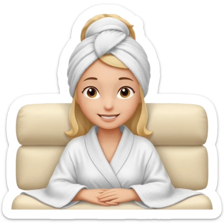 spa A contented and relaxed girl with a towel on her head in a white robe lies on a couch. The icon displays the couch and the girl in full three-quarter view. sticker