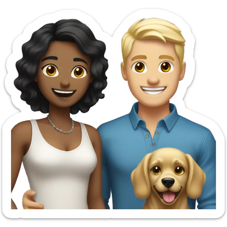 Gay couple, 1 Latino black hair and 1 Australian blonde hair with a dog in the middle laughing full body sticker