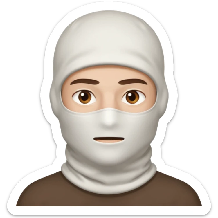 head of a guy with brown eyes wearing a white balaclava without a mouth, with a neutral expression sticker