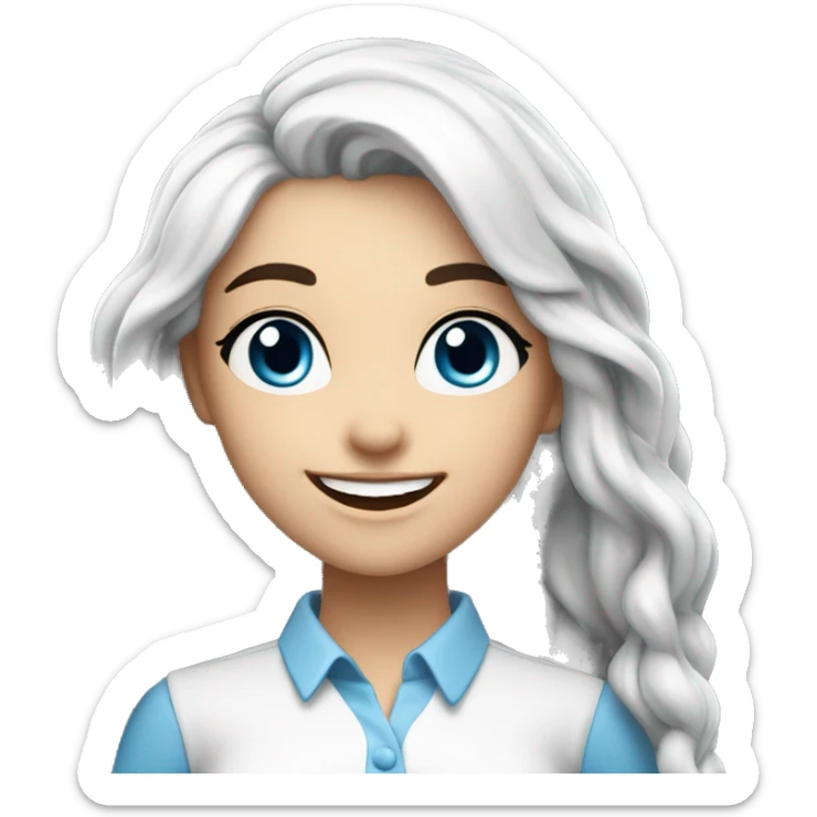 An attractive and impressive girl of European appearance with long blue hair and a white shirt smiles, epic realistic, 4k sticker