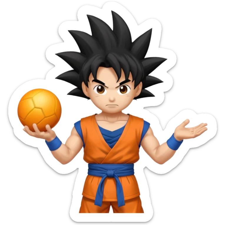 Son Goku emoji, holding a power ball, spiky hair, orange and blue outfit sticker
