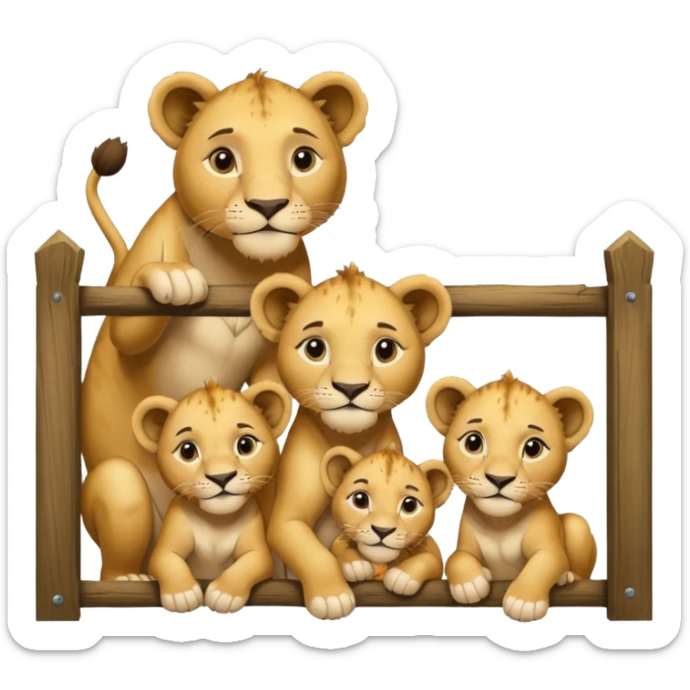 Un letrero del zoológico que dice “LION CUBS — BORN LAST WEEK” y delante una leona con sus cachorros recién nacidos, con la gente mirando emocionada desde la reja.






 sticker